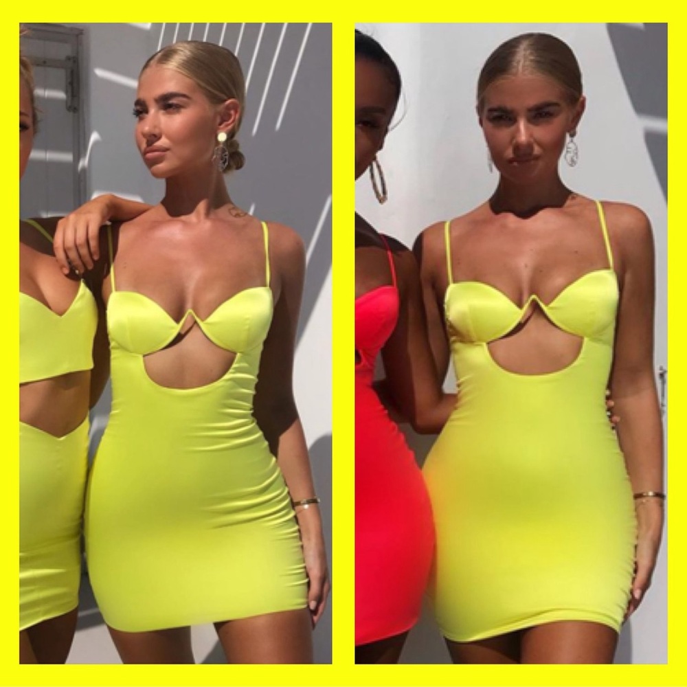 oh POLLY ‘Ahead Of The Curve' Underwired Satin Mini Dress in Neon Yellow - Picture 3 of 16